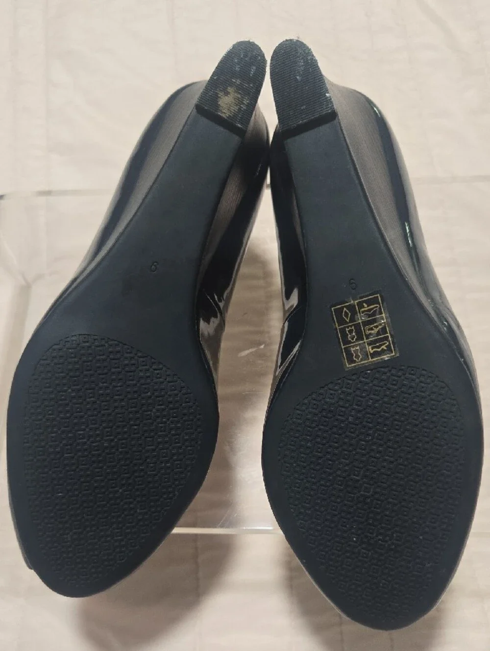 Tory Burch Navy Patent Peep-Toe Wedge with Gold Logo Accent
